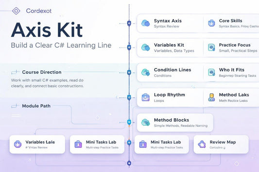 Cordexot Axis Kit for C# learning with course structure on a light purple background
