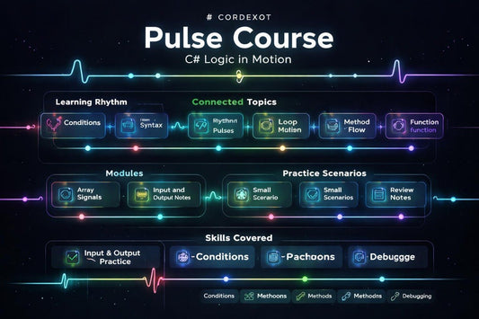 Pulse Course diagram with C# logic topics on a dark background