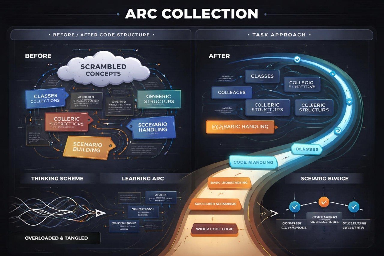 Diagram showing 'Before' and 'After' code structure with task approach and learning arc.