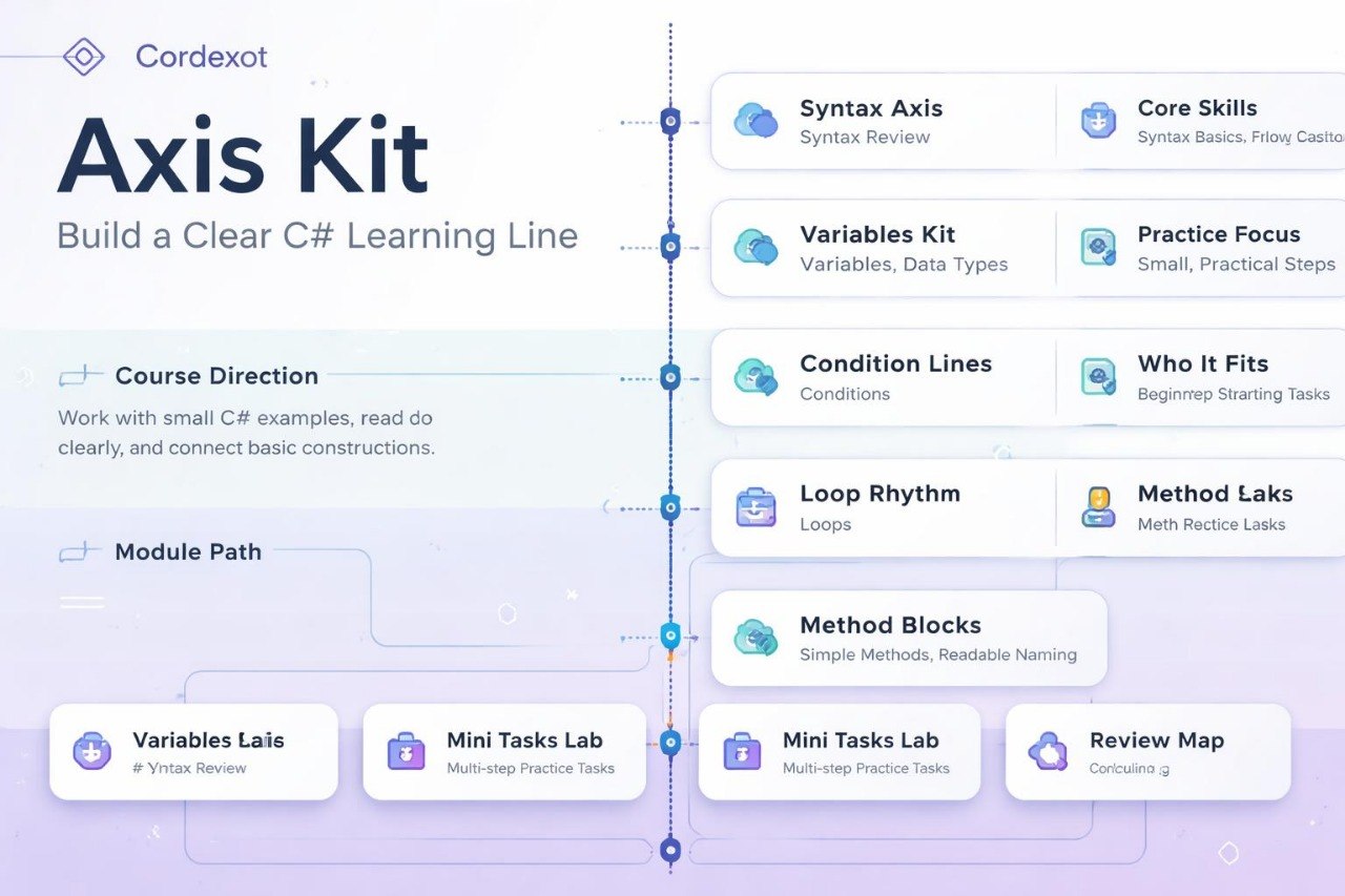 Cordexot Axis Kit for C# learning with course structure on a light purple background