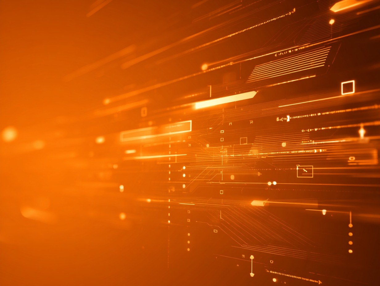 Orange and black abstract digital design with glowing lines and dots