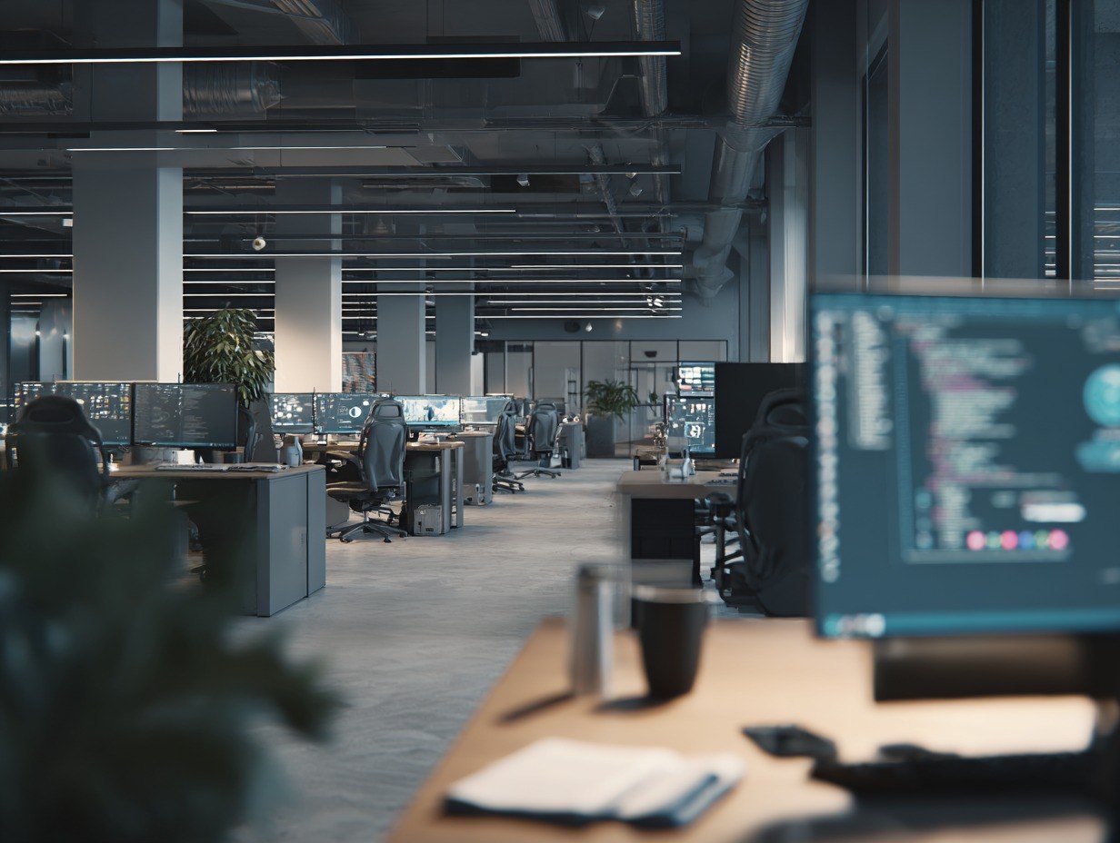 Modern office with desks, computers, and people working.