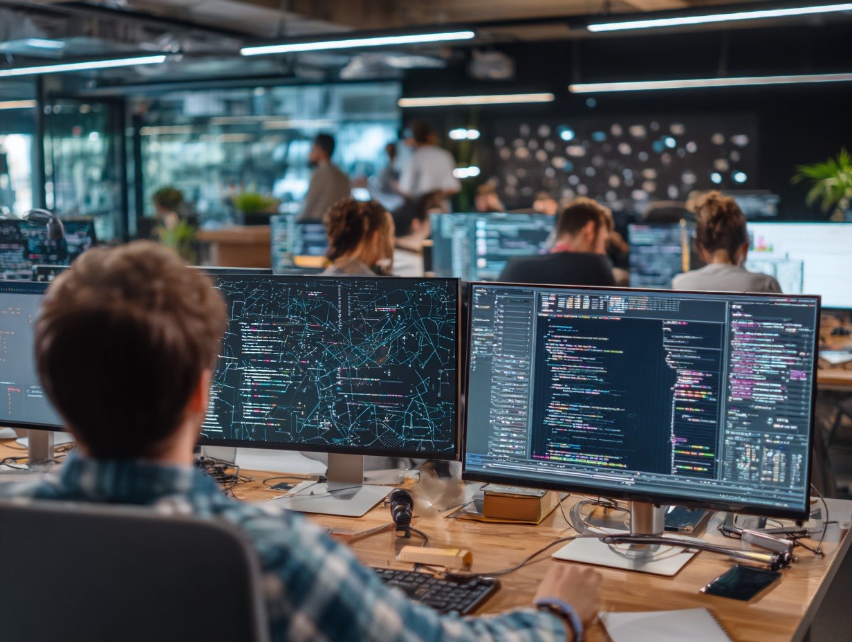 Person working at a desk with multiple computer monitors in a busy office setting.