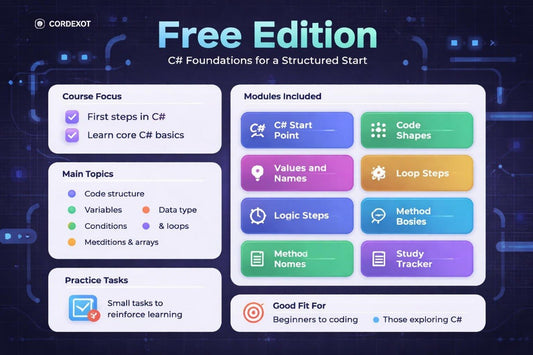 C# Foundations course for beginners with modules and topics on a dark background