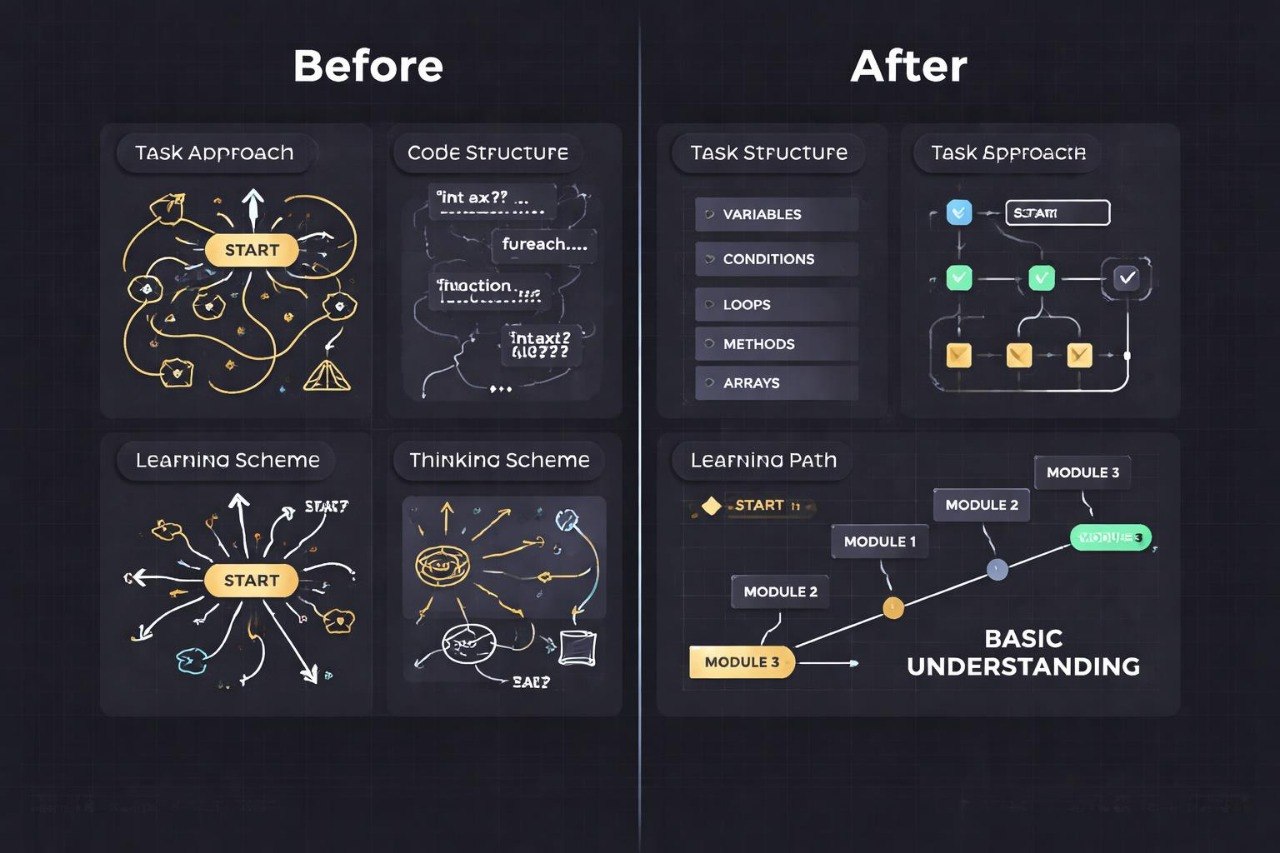 Before and after comparison of educational diagrams on a dark background
