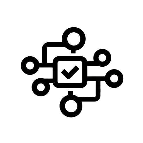Black icon of a check mark surrounded by circular connections on a white background