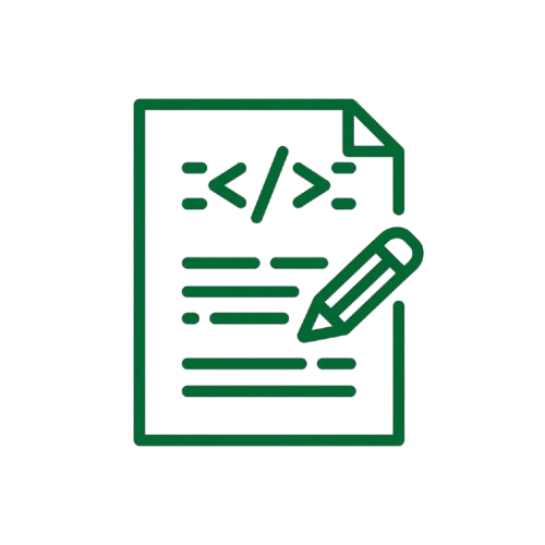 Green icon of a document with code and a pencil on a white background