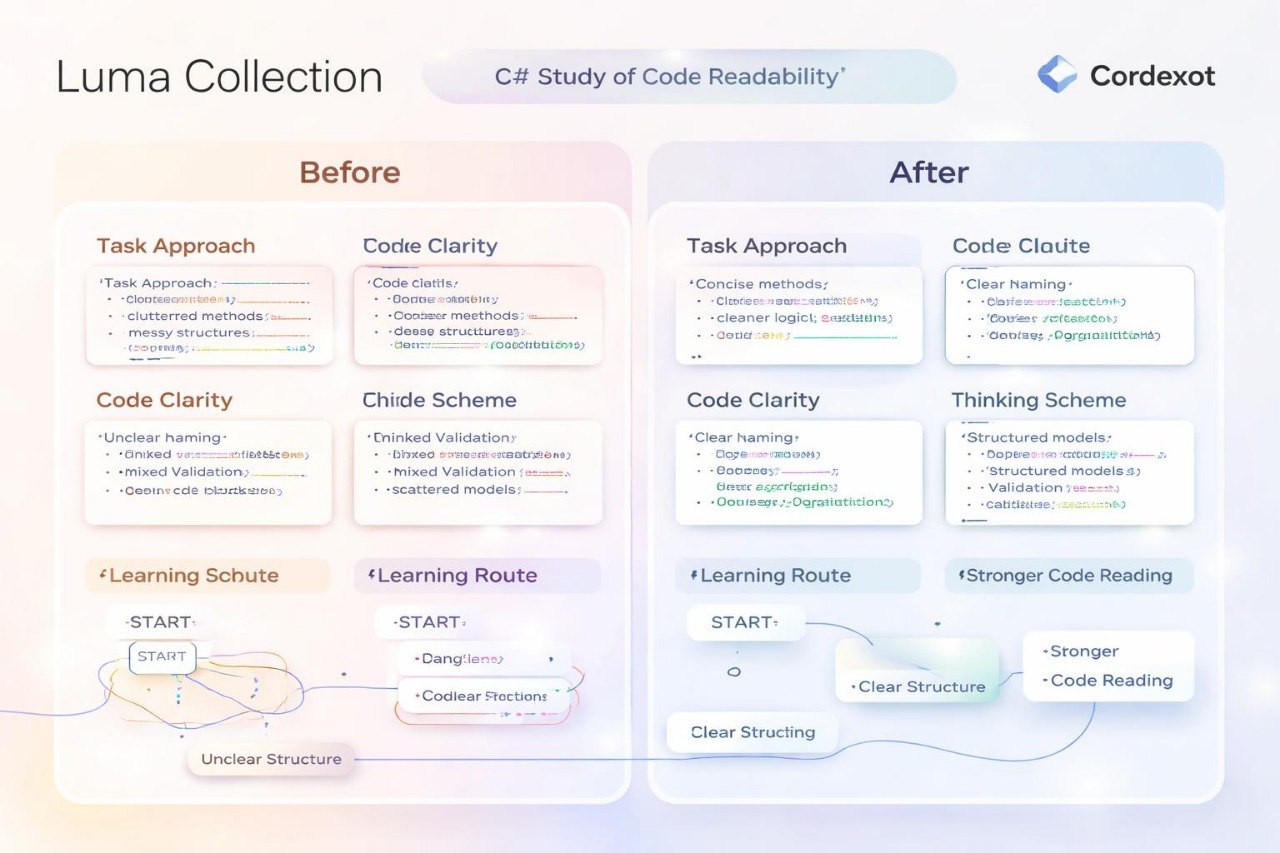 Comparison chart showing 'Before' and 'After' improvements in code readability with Luma Collection and Cordextat.