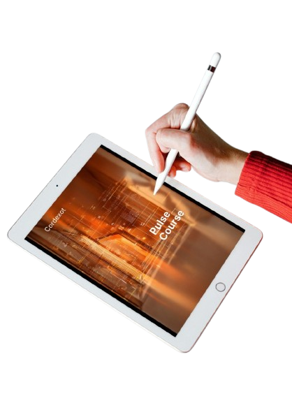 Hand holding a stylus over a tablet displaying a mountain landscape