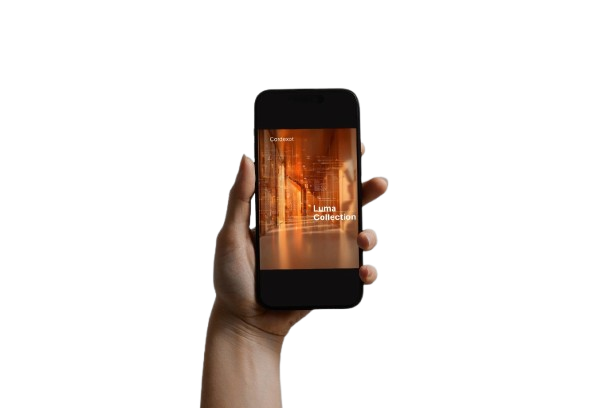 Hand holding a smartphone with a scenic app displayed on a white background