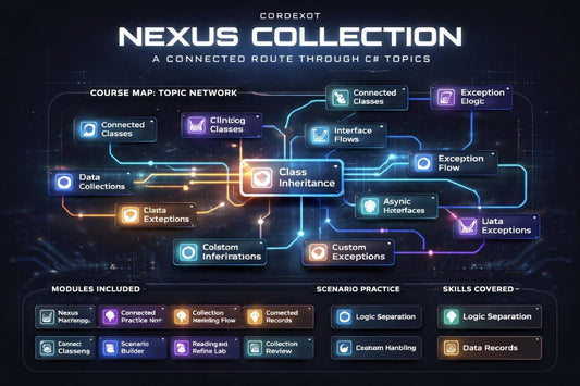 Nexus Collection educational platform diagram with topic network and modules included.