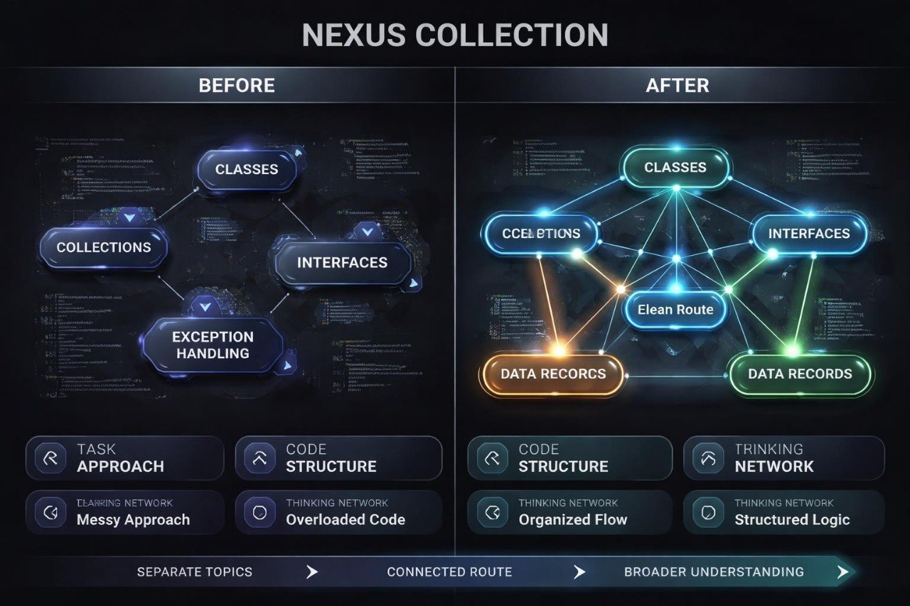 Comparison of 'Before' and 'After' diagrams for the Nexus Collection, showing improved code structure and broader understanding.