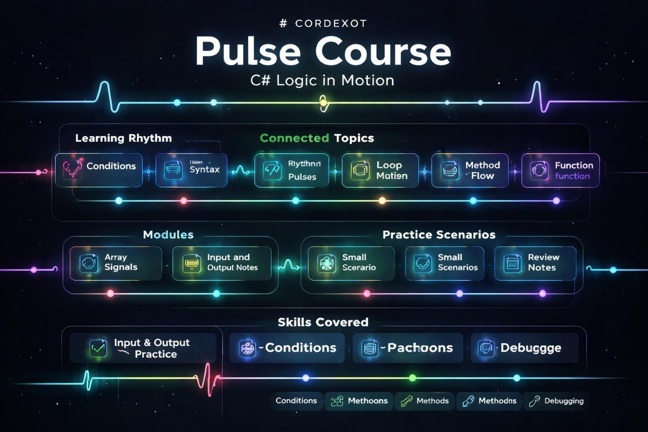 Pulse Course diagram with C# logic topics on a dark background