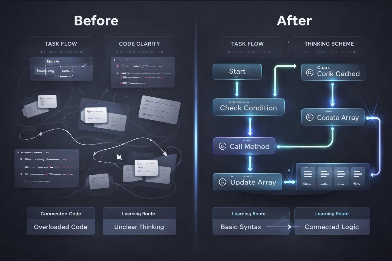 Comparison of task flow and code clarity before and after a redesign on a dark background.