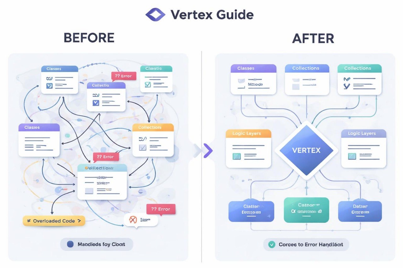 Before and after comparison of a diagram with Vertex Guide branding.